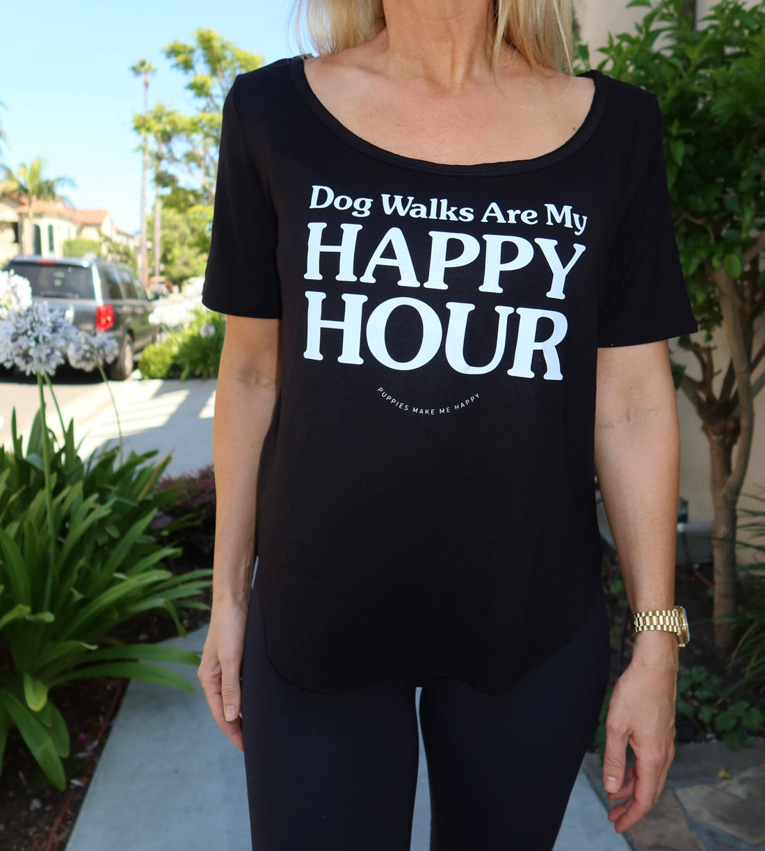 Dog Walks are my Happy Hour | Women's Scoop Neck Weekend Tee - Puppies Make Me Happy