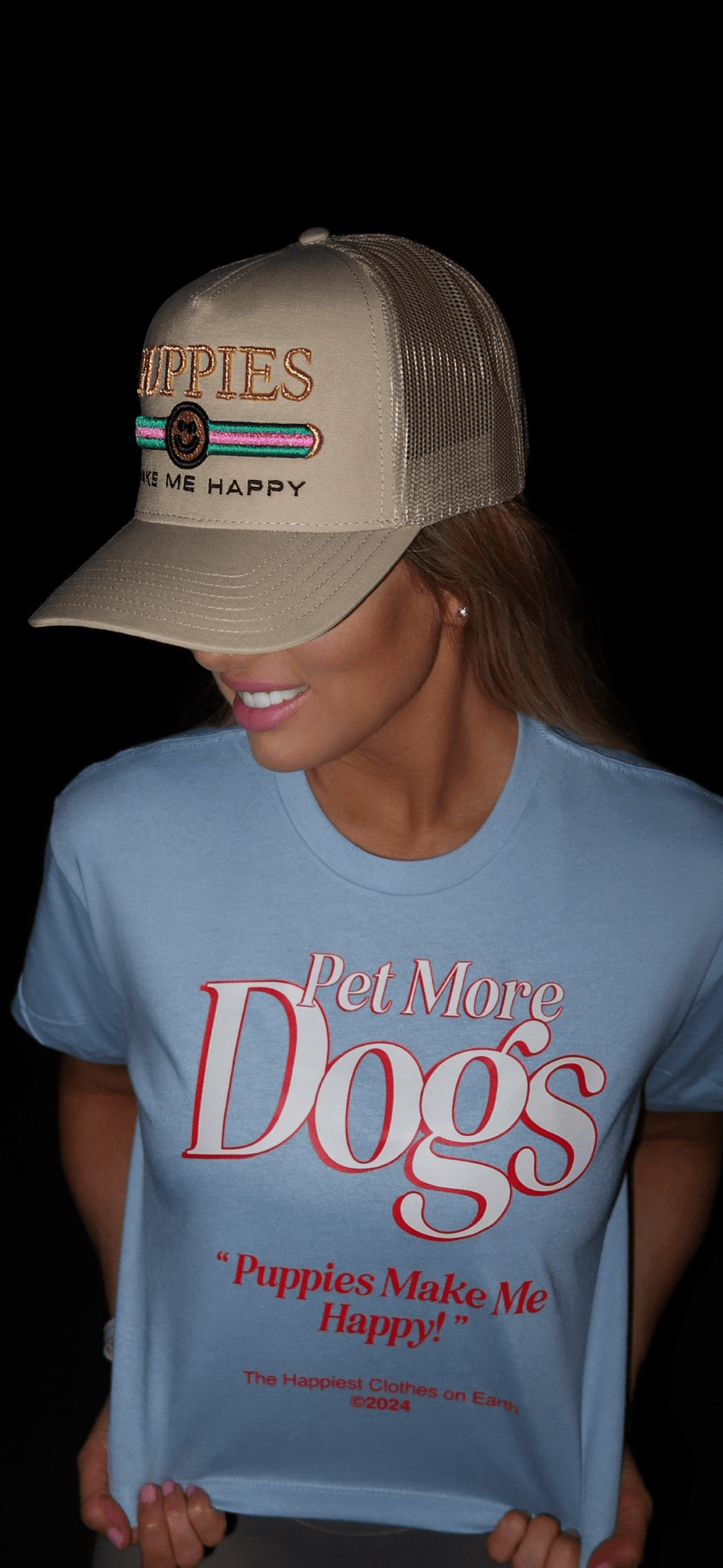 Pink Stripe Pup Lux | 5 Panel Hat Mesh SnapBack Hat | Tan - Puppies Make Me Happy