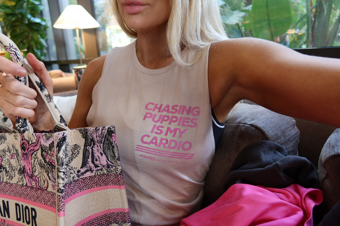 Chasing Puppies is My Cardio | Pink Font | Crop Tank | Made in USA - Puppies Make Me Happy