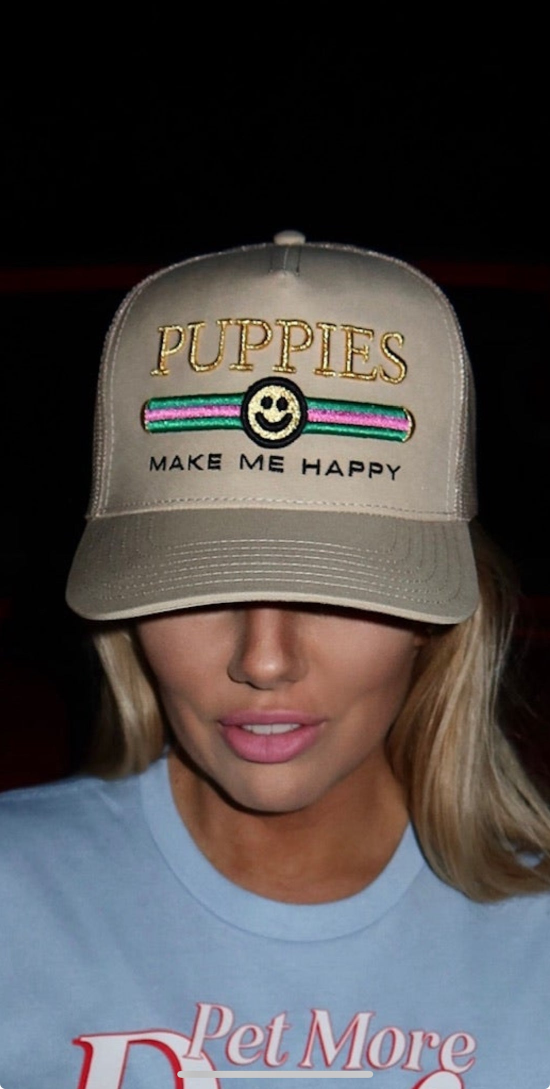 Pink Stripe Pup Lux | 5 Panel Hat Mesh SnapBack Hat | Tan - Puppies Make Me Happy
