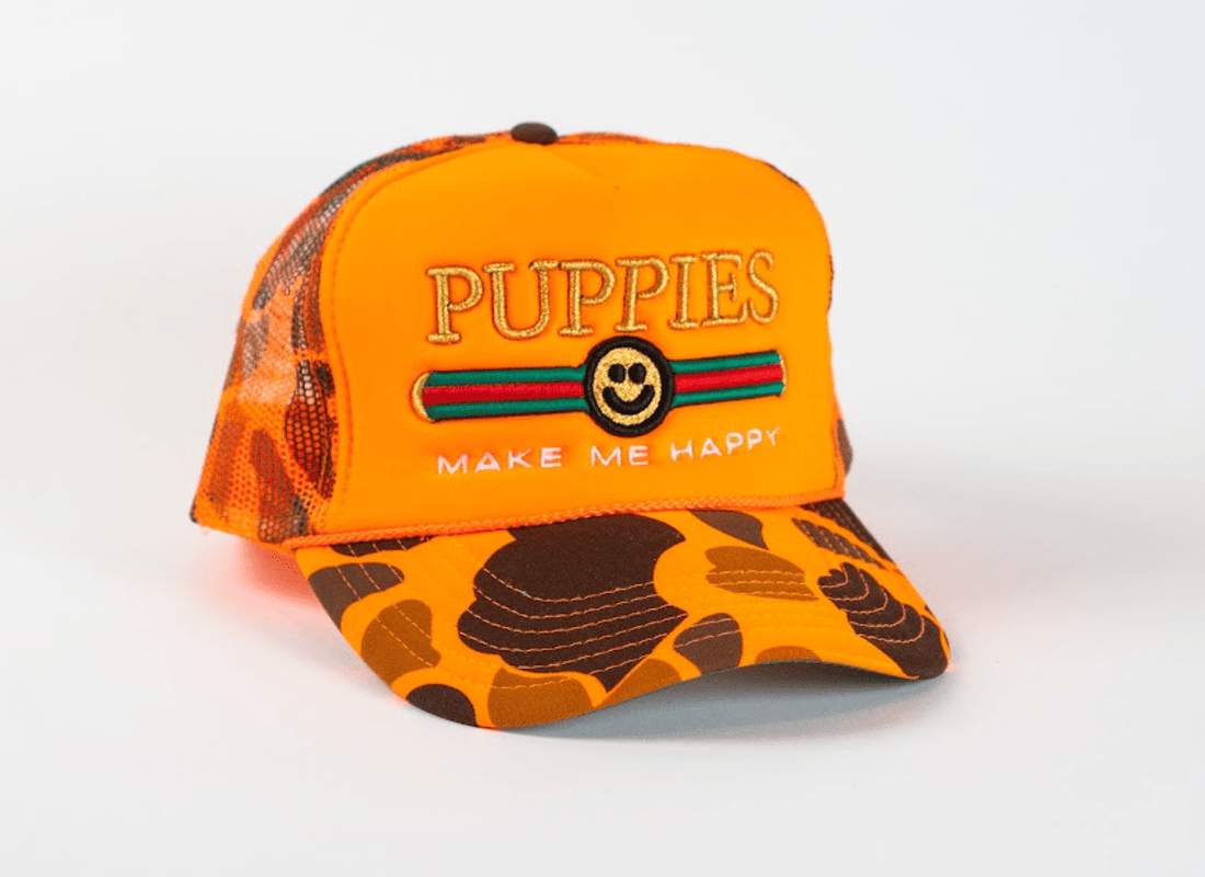 Pup Lux Metallic Gold Embroidery | Orange Camo Trucker Cap - Puppies Make Me Happy