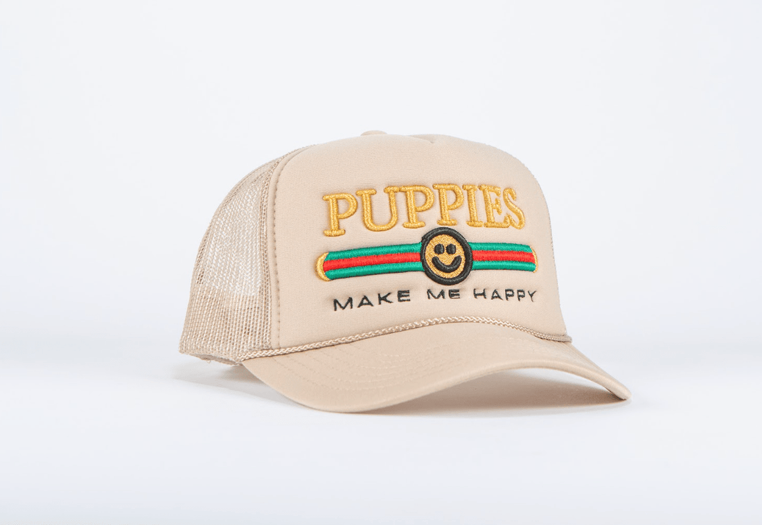 Pup Lux Metallic Gold Puff Embroidery | Trucker Hat | Khaki - Puppies Make Me Happy