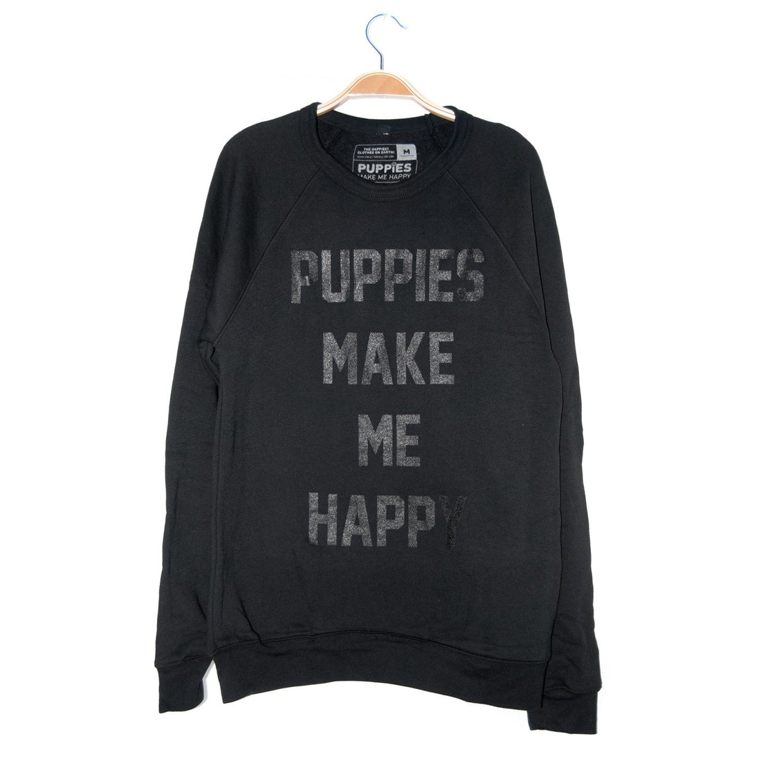 Puppies Make Me Happy | Black on Black Foil Uni - Sex Crewneck Sweatshirt - Puppies Make Me Happy