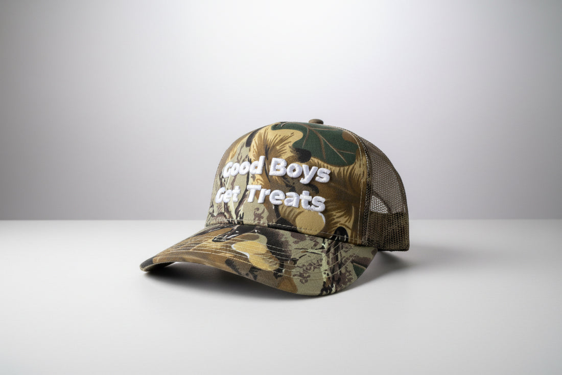 Good Boys Get Treats 5 Panel Trucker Hat | Mid Profile Mesh Back Snapback