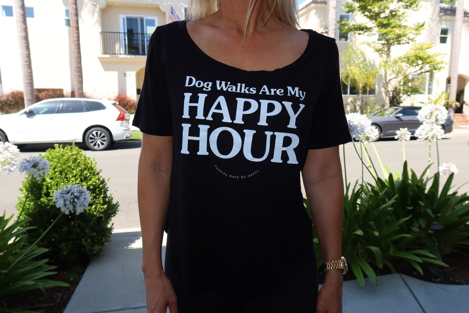 Dog Walks are my Happy Hour | Women's Scoop Neck Weekend Tee - Puppies Make Me Happy