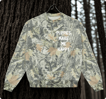 Puppies Make Me Happy Wood Camo Crewneck Sweatshirt | Ultra-Soft Dog Lover Gift