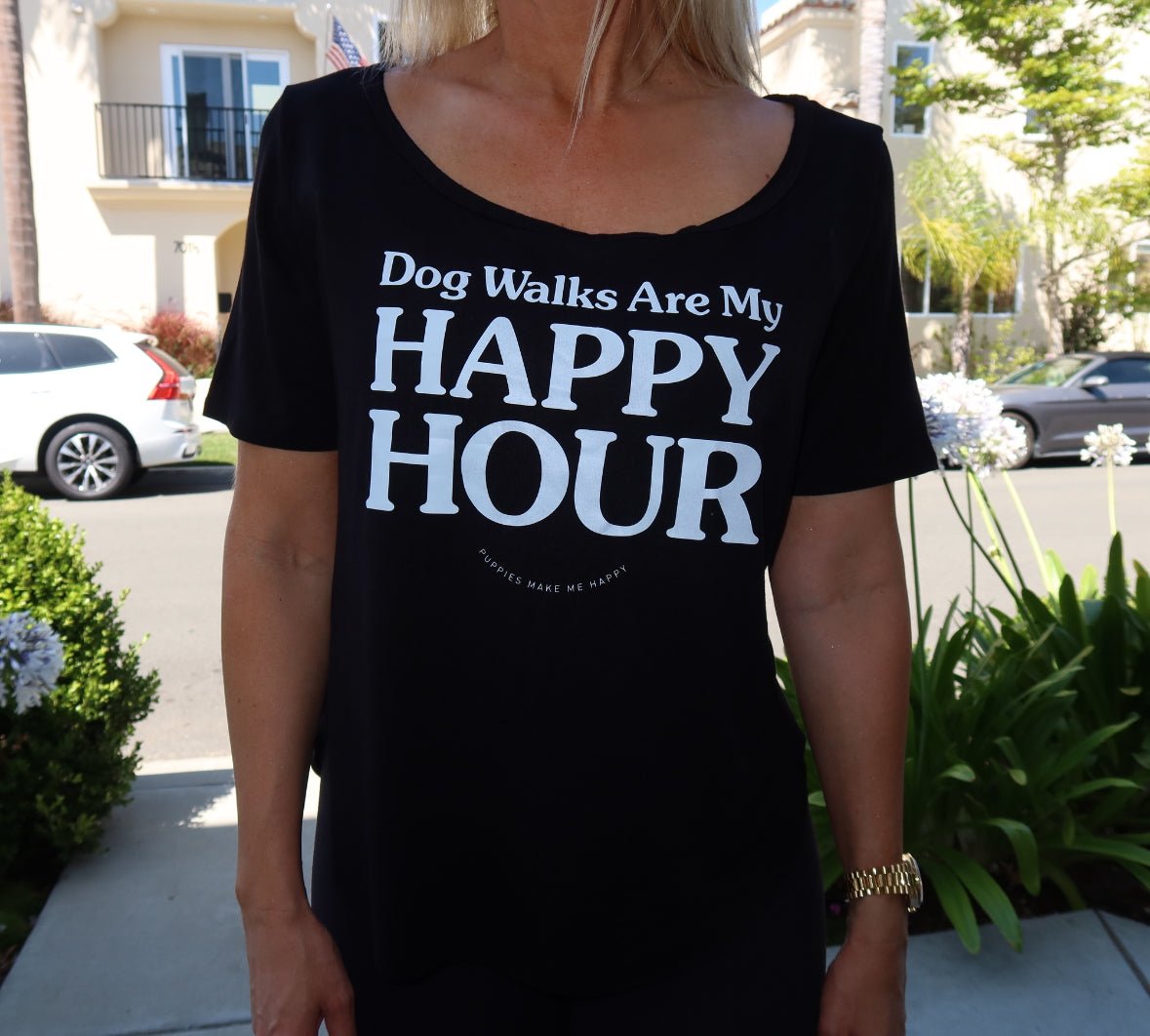 Dog Walks are my Happy Hour | Women's Scoop Neck Weekend Tee - Puppies Make Me Happy