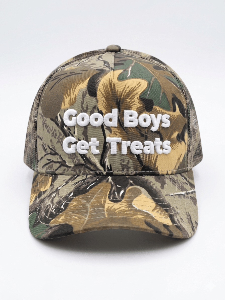 Good Boys Get Treats 5 Panel Trucker Hat | Mid Profile Mesh Back Snapback - Puppies Make Me Happy
