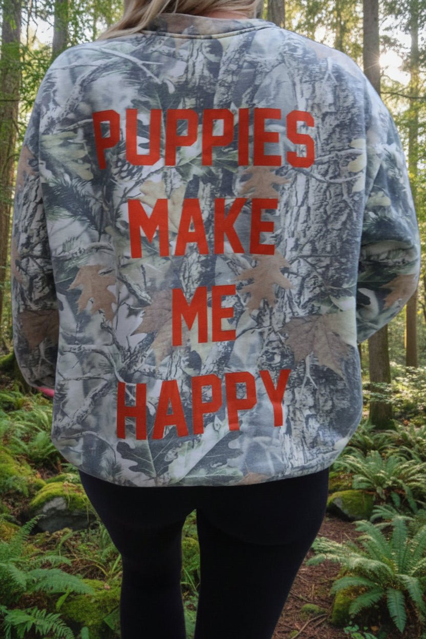Puppies Make Me Happy Wood Camo Crewneck Sweatshirt | Ultra - Soft Dog Lover Gift - Puppies Make Me Happy
