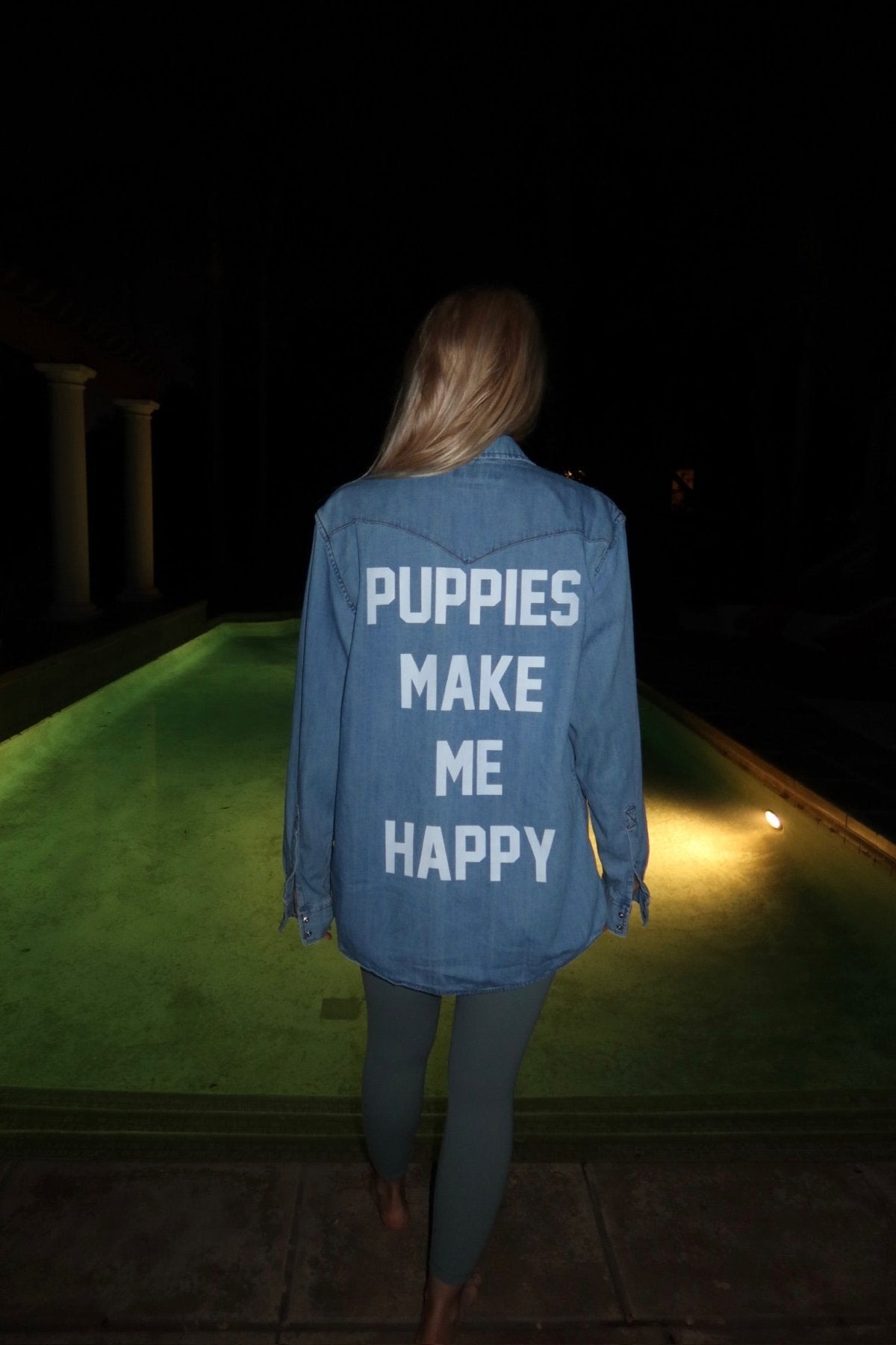 Puppies Make Me Happy Denim Button Up | Present For Dog Lover - Puppies Make Me Happy
