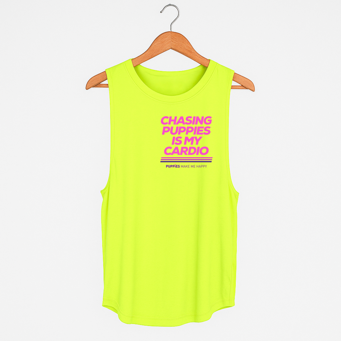 Chasing Puppies is My Cardio – Women’s Sleeveless Tank (Neon Tennis Ball Yellow) Puppies Soft Fabric | 100% Made in the USA