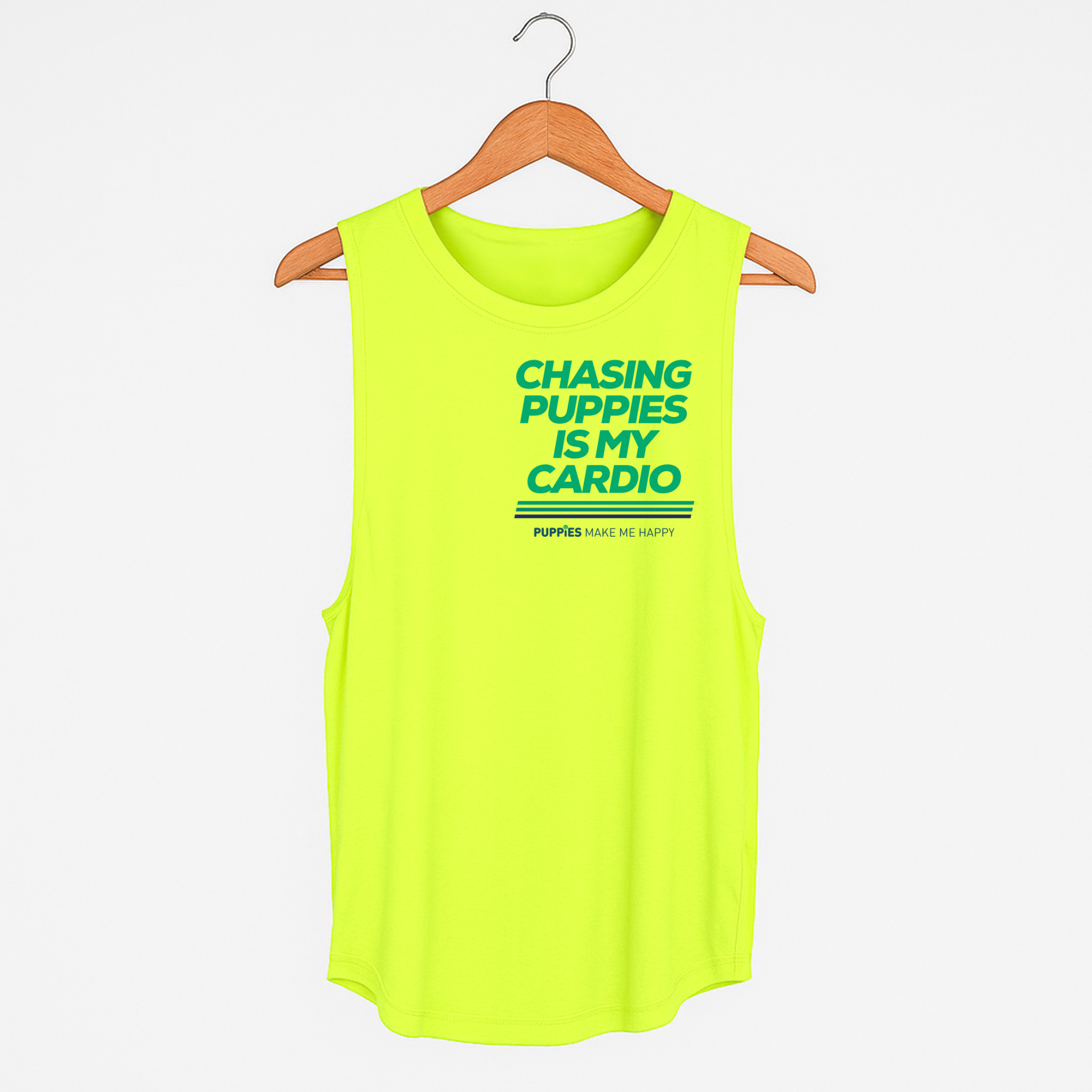 Chasing Puppies is My Cardio – Women’s Sleeveless Tank (Neon Tennis Ball Yellow) Puppies Soft Fabric | 100% Made in the USA