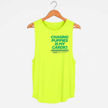Chasing Puppies is My Cardio – Women’s Sleeveless Tank (Neon Tennis Ball Yellow) Puppies Soft Fabric | 100% Made in the USA