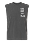 Good Dogs Get Treats Unisex Heavyweight Muscle Tank in vintage washed charcoal gray with white vertical text on the left chest.
