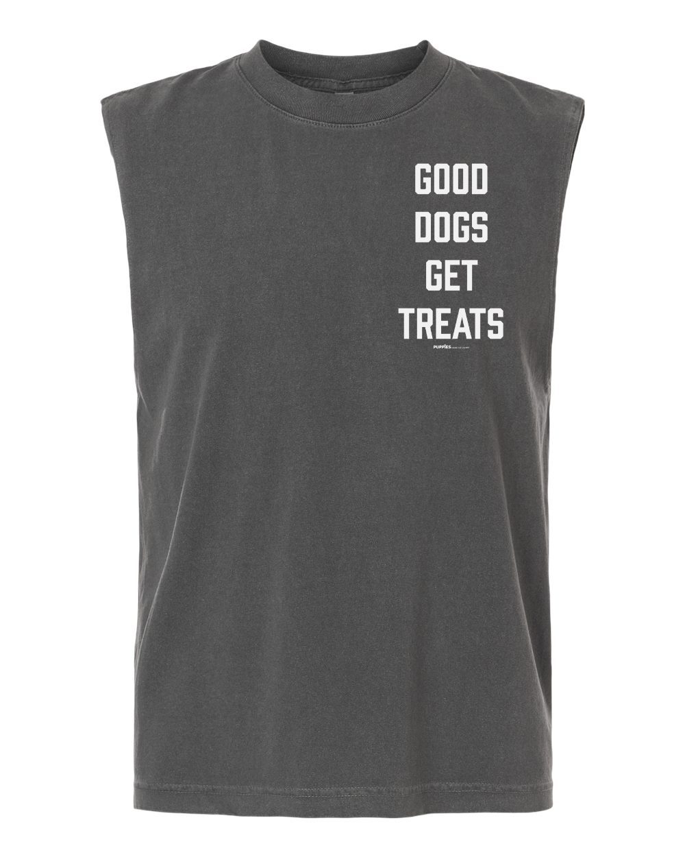 Good Dogs Get Treats Unisex Heavyweight Muscle Tank in vintage washed charcoal gray with white vertical text on the left chest.
