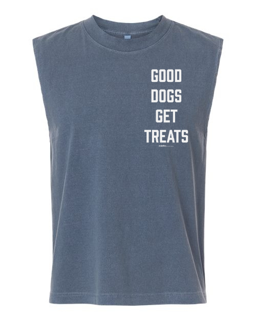 Good Dogs Get Treats Unisex Heavyweight Muscle Tank in vintage washed navy blue featuring white vertical text.