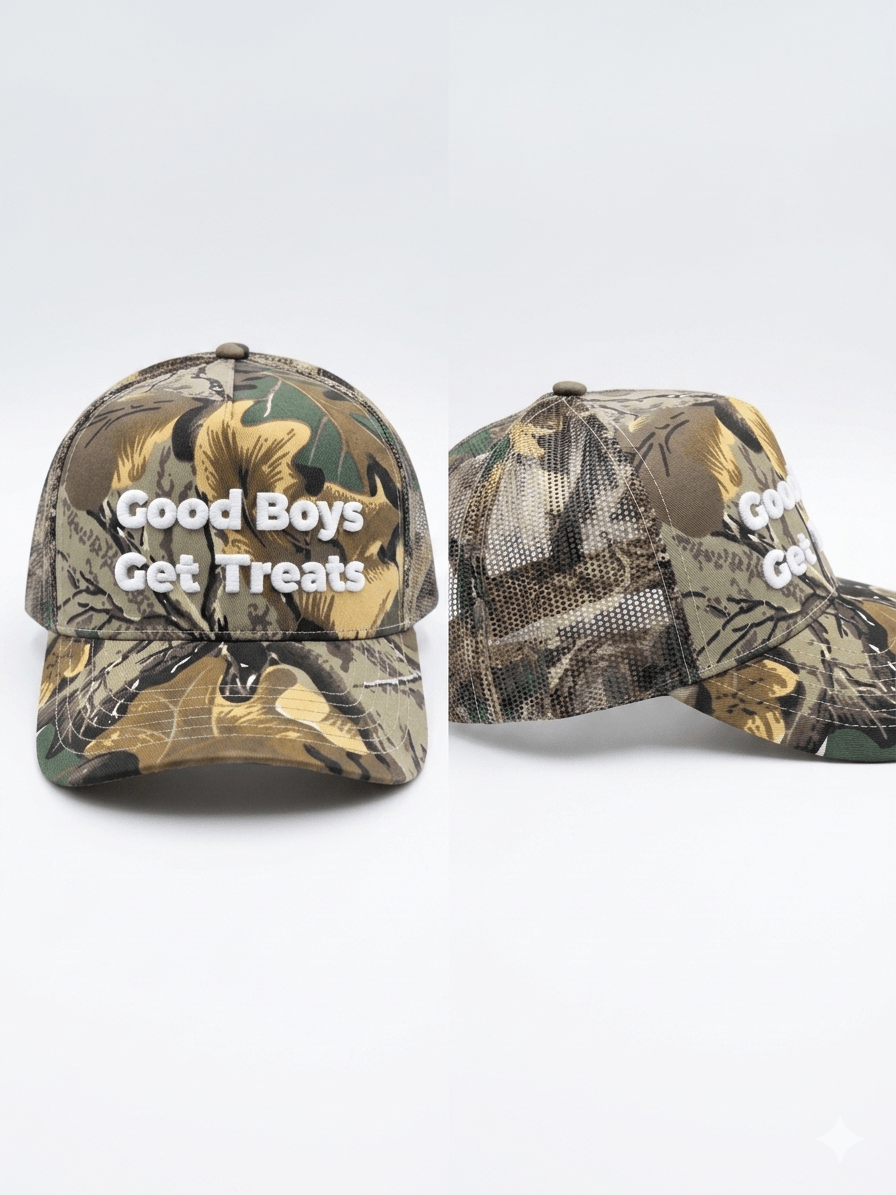 Good Boys Get Treats 5 Panel Trucker Hat | Mid Profile Mesh Back Snapback - Puppies Make Me Happy