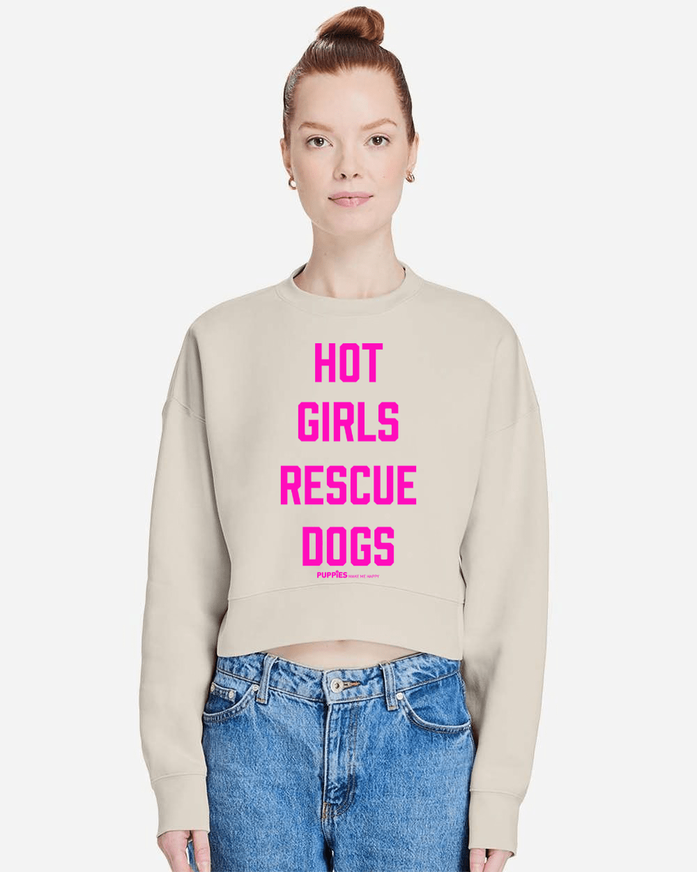 Hot Girls Rescue Dogs Relaxed Cropped Crewneck Sweatshirt | Pink Font Edition - Puppies Make Me Happy