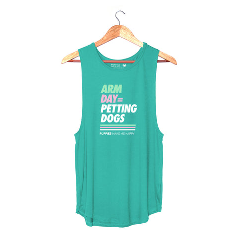 WOMENS TEAL SLEEVELESS TANK WITH ARM DAY PETTING MORE DOGS