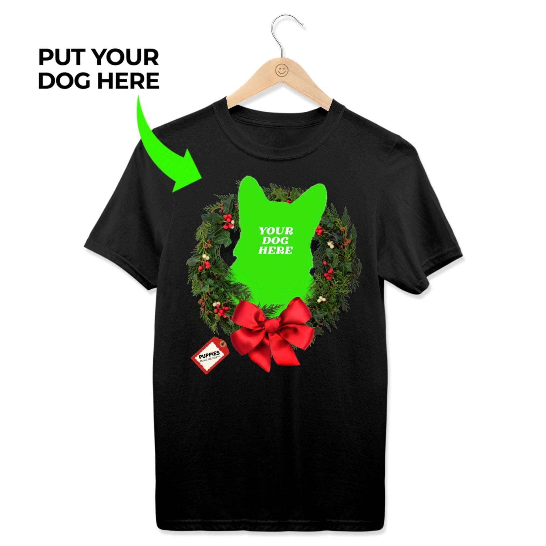 Custom Dog Photo Christmas Wreath T-Shirt | Personalized Elegant Best Holiday Gift - Puppies Make Me Happy