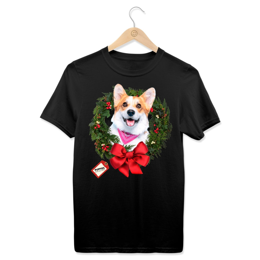 Custom Dog Photo Christmas Wreath T-Shirt | Personalized Elegant Best Holiday Gift - Puppies Make Me Happy