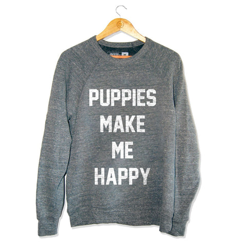Title | Tri-Blend Gray Crewneck Sweatshirt - Puppies Make Me Happy